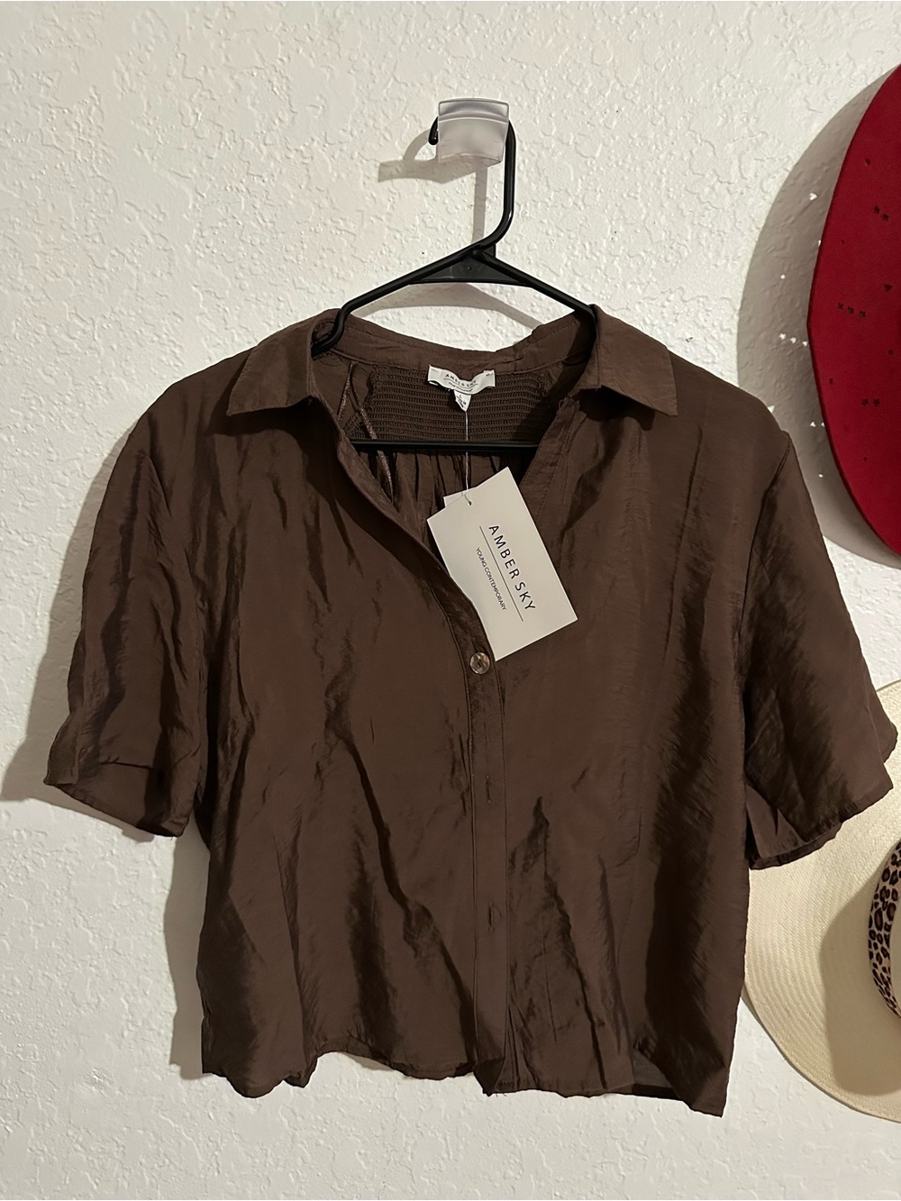 Women's Brown Short-Sleeve Button Blouse